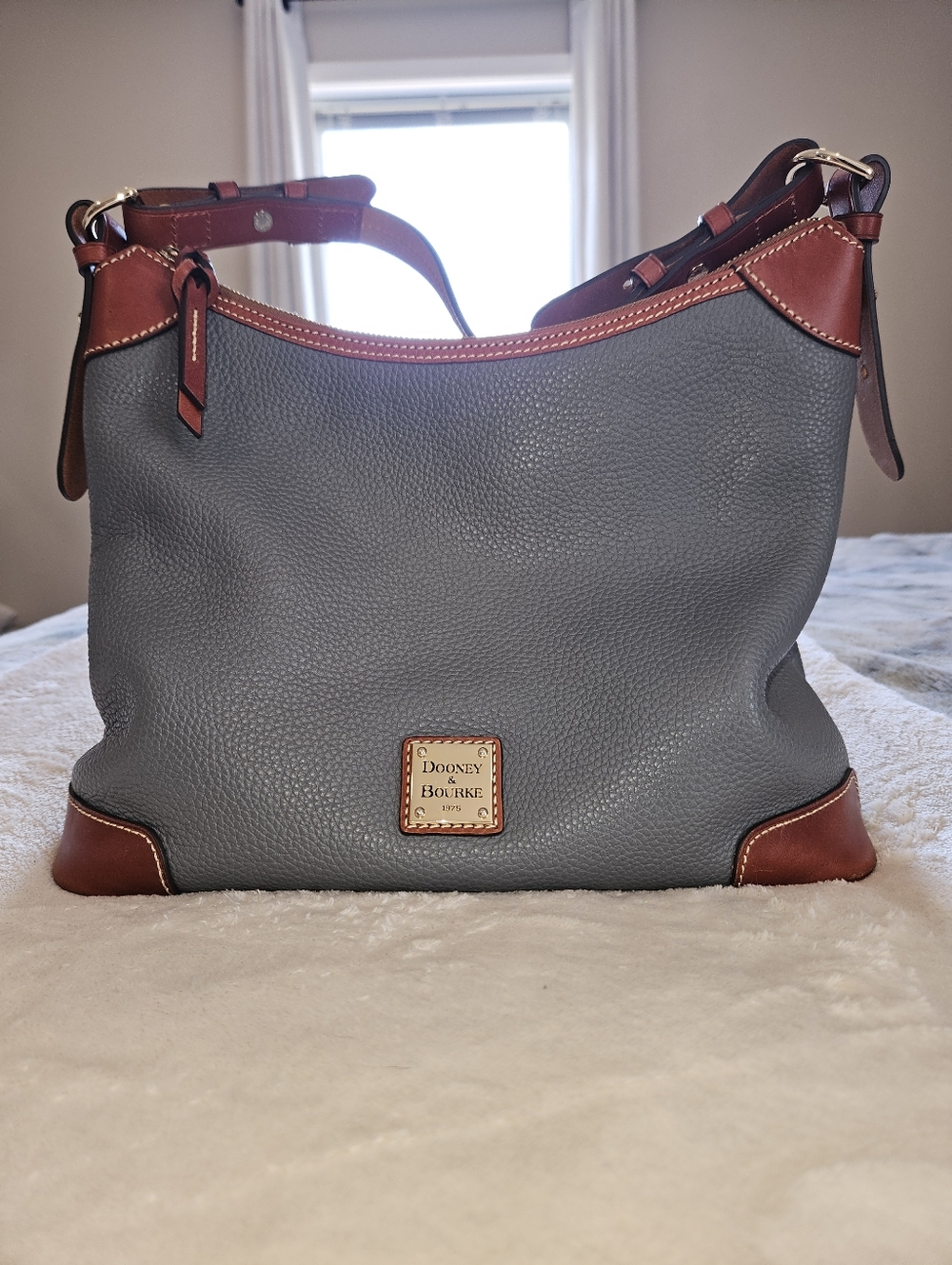 Dooney & Bourke Gray Leather Shoulder Hobo with Brown Trim